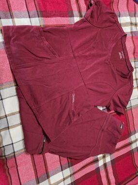 Jaanuu Maroon V-Neck Scrub Top. Jogger Bottoms